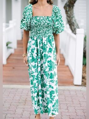 Green and White Floral Square-Neck Jumpsuit